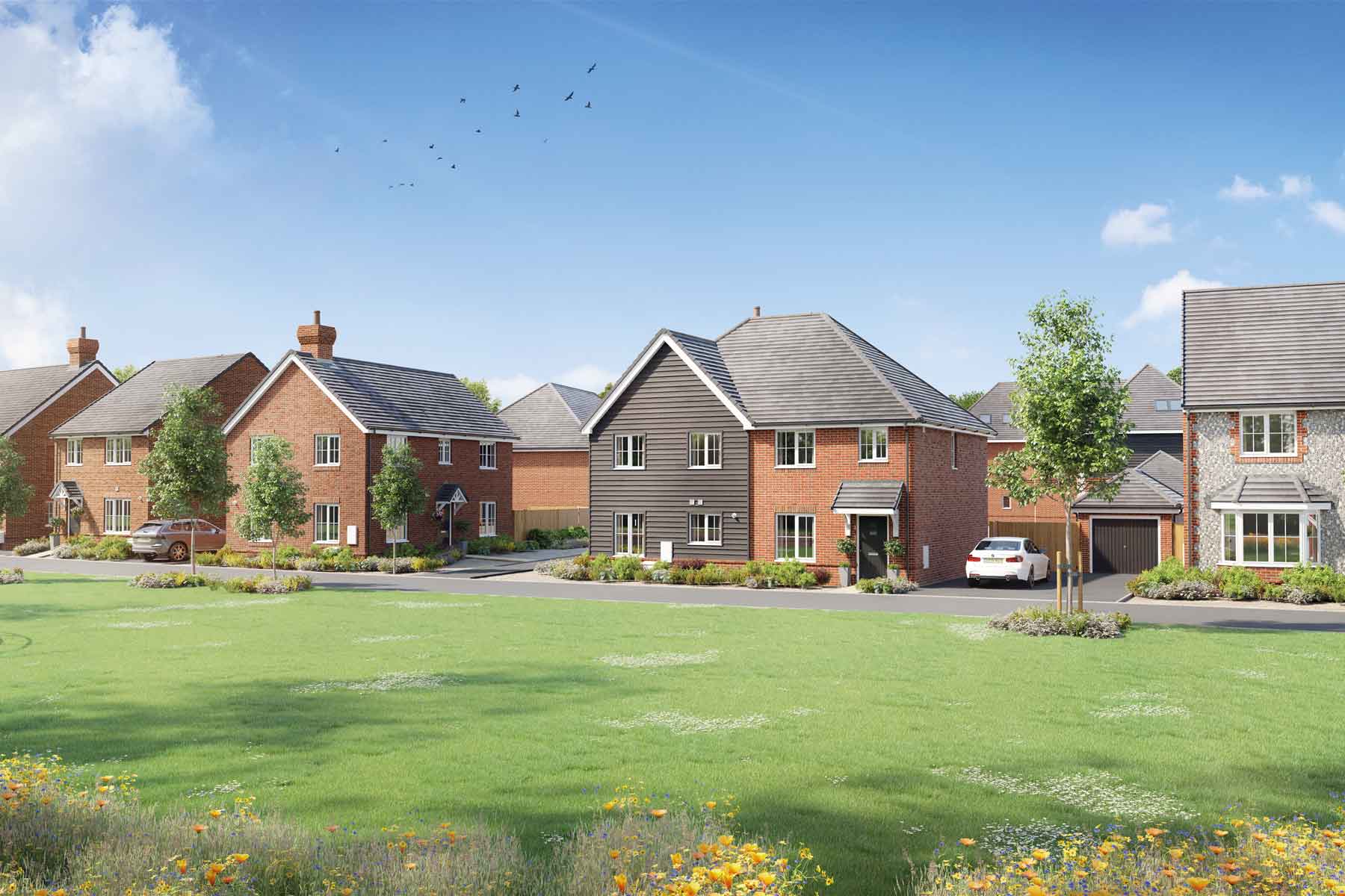 Artist's impression of a typical street scene at Shopwyke Lakes